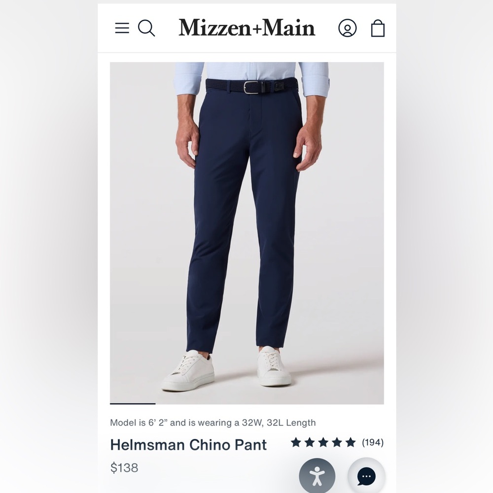 NWT mizzen + main slim Chino pants 34 x 32 navy